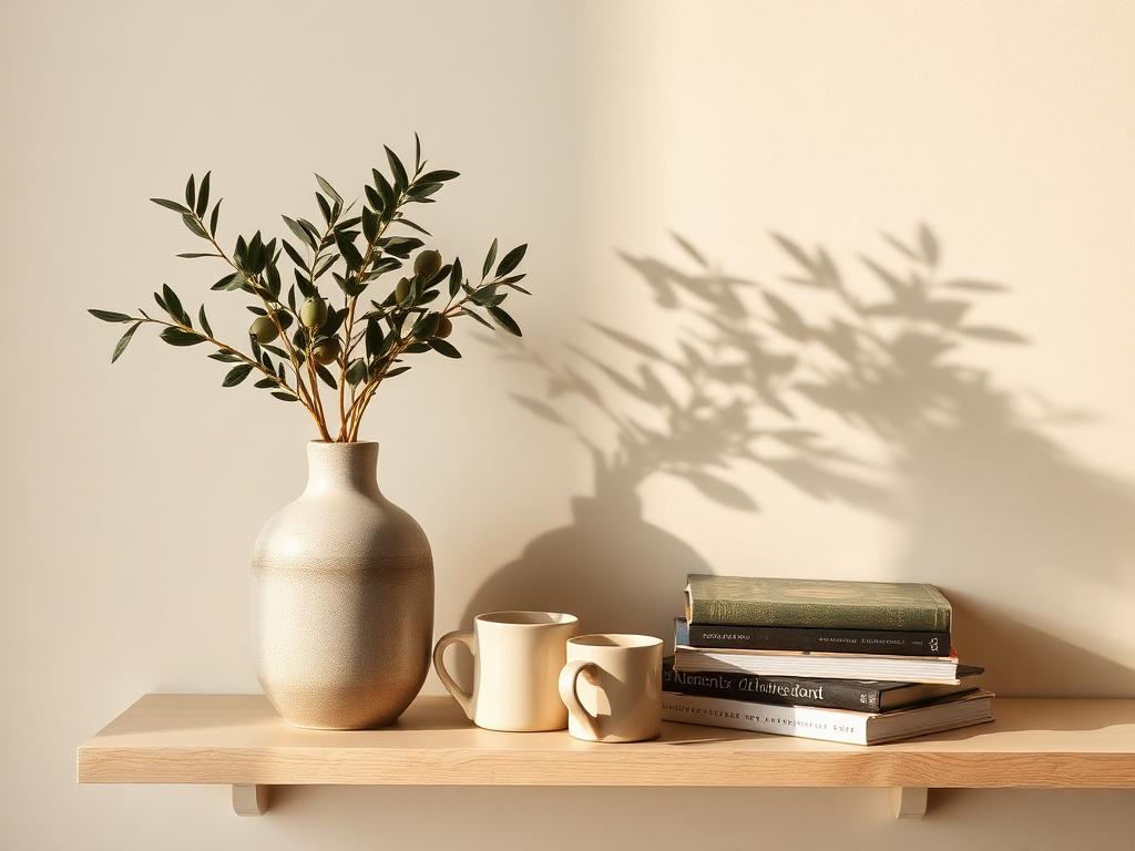Olive branches, mugs and books on a wooden shelf